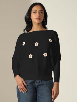 SHOWOFF - Women Black Textured Knit Top with Flower Applique Detail