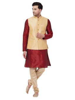Vastramay - Men's Maroon, Gold And Rose Gold Silk Blend Jacket, Kurta And Pyjama Set (Set of 3)