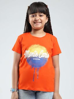 Monte Carlo - Girls Orange Printed Round Neck T-Shirt