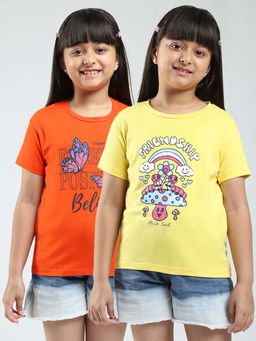Monte Carlo - Girls Multi-Color Printed Round Neck T-Shirts (Pack of 2)