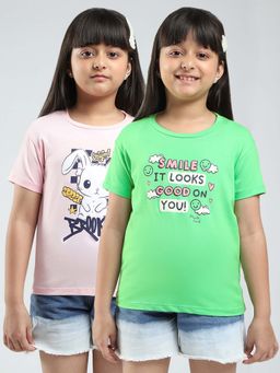 Monte Carlo - Girls Multi-Color Printed Round Neck T-Shirts (Pack of 2)