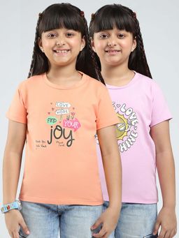 Monte Carlo - Girls Multi-Color Printed Round Neck T-Shirts (Pack of 2)