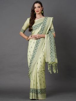 Akhilam - Women Art Silk Olive Printed Designer Saree with Unstitched Blouse Piece