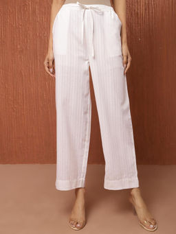 Fabindia - White Cotton Stripes Full Length Straight Casual Pant