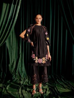 CHANDRIMA - Black Floral Beadwork Gathered Kurta with Sheer Applique Pants (Set of 2)