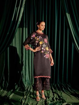 CHANDRIMA - Black Floral Applique Kimono Kurta with Sheer Applique Pant (Set of 2)