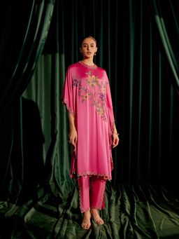 CHANDRIMA - Fuchsia Floral Beadwork Kaftan with Embroidered Slit Detail Pant (Set of 2)