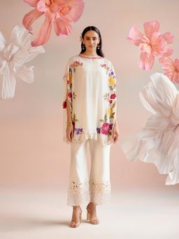 CHANDRIMA - Ivory Floral Embroidered Kaftan with Organza Detail Pant (Set of 2)