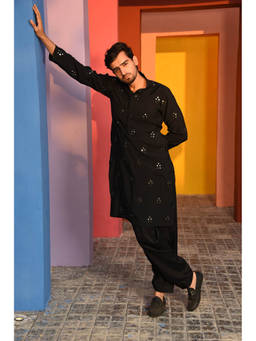 LAALZARI - Black Mirror Work Pathani Set (Set of 2)