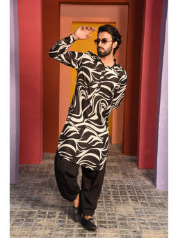 LAALZARI - Black Abstarct Pathani Set (Set of 2)