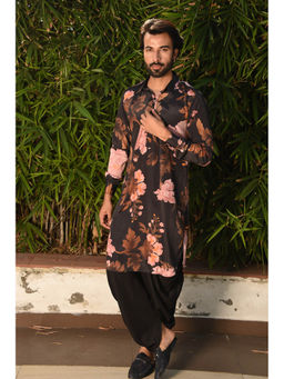 LAALZARI - Black Floral Pathani Kurta Set (Set of 2)