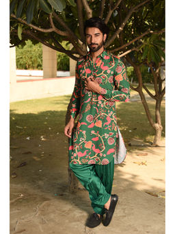 LAALZARI - Forest Green Floral Pathani Kurta Set (Set of 2)