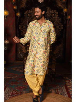 LAALZARI - Yellow Floral Pathani Kurta Set (Set of 2)