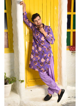 LAALZARI - Purple Floral Pathani Kurta Set (Set of 2)