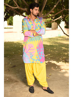 LAALZARI - Yellow Floral Pathani Kurta Set (Set of 2)