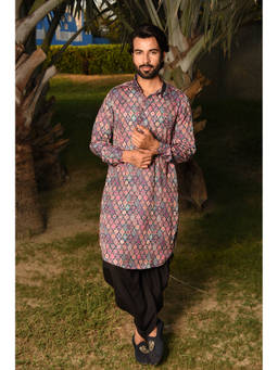 LAALZARI - Multicolour Abstract Pathani Kurta Set (Set of 2)