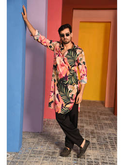 LAALZARI - Black Floral Pathani Kurta Set (Set of 2)
