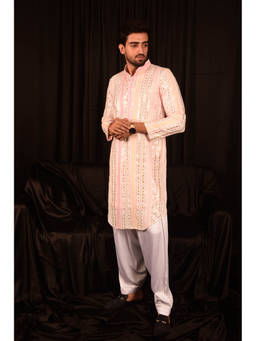 LAALZARI - Mirror Work Embroidered Pathani Kurta Set (Set of 2)