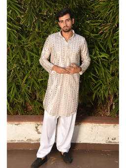 LAALZARI - White Mirror Emroidered Pathani Kurta Set (Set of 2)