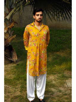 LAALZARI - Mustard Yellow Floral Printed Pathani Kurta Set (Set of 2)