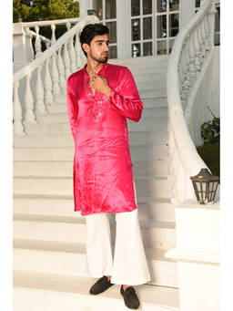LAALZARI - Pure Gajji Silk Majenta Pink Straight Kurta Set (Set of 2)
