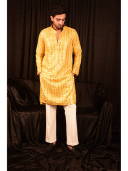 LAALZARI - Yellow Mirror Embroidered Long Kurta Set (Set of 2)