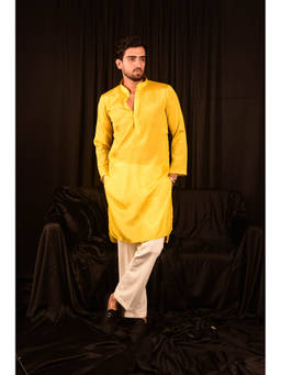 LAALZARI - Bright Yellow Chinon Straight Kurta Set (Set of 2)