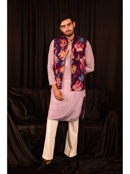 LAALZARI - Lilac Chinon Straight Kurta Set With Embroidered Bandhi Jacket (Set of 3)