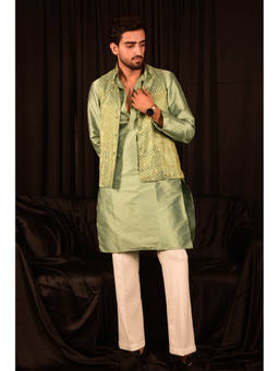 LAALZARI - Green Art Silk Straight Kurta Set With Bandhi Jacket (Set of 3)