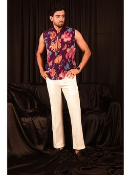 LAALZARI - Purple Floral Embroidered Nehru Jacket With White Pants (Set of 2)