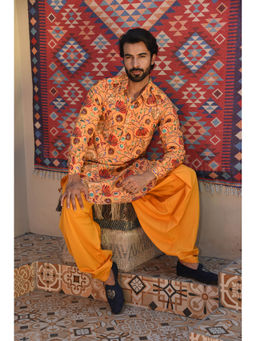 LAALZARI - Mustard Yellow Pathani Kurta Set (Set of 2)