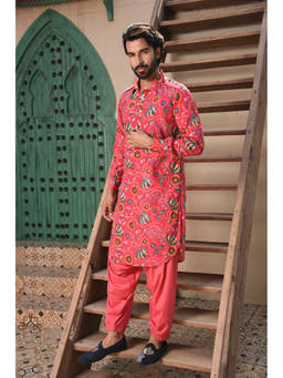 LAALZARI - Pink Floral Embroidered Pathani Kurta Set (Set of 2)