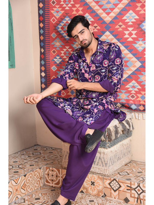 LAALZARI Purple Floral Embroidered Pathani Kurta Set (Set of 2)