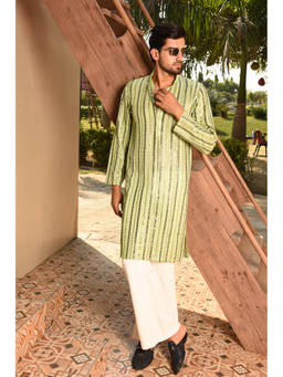 LAALZARI - Mirror Embroidered Long Kurta Set (Set of 2)