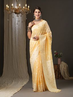 Akhilam - Womens Cotton Silk Yellow Woven Design Designer Saree with Unstitched Blouse