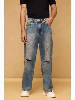 FREAKINS - Mid Blue Acid Wash Ripped Men's Wide Leg Jeans