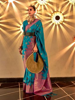 Odette - Women's Teal Woven Saree with Unstitched Blouse