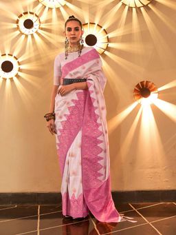 Odette - Women's White Woven Saree with Unstitched Blouse