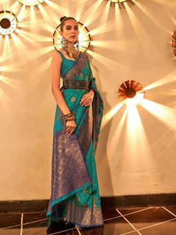 Odette - Women's Teal Woven Saree with Unstitched Blouse
