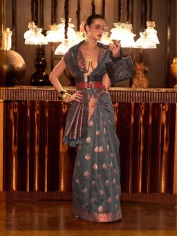 Odette - Women's Grey Woven Saree with Unstitched Blouse