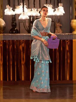 Odette - Women's Blue Woven Saree with Unstitched Blouse