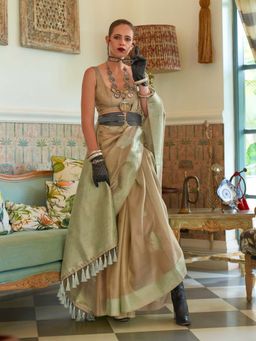 Odette - Women's Beige Woven Saree with Unstitched Blouse