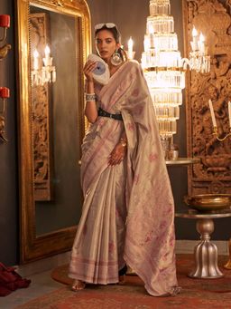 Odette - Women's Off White Woven Saree with Unstitched Blouse