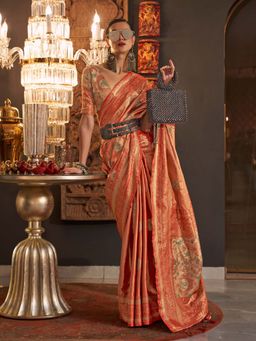 Odette - Women's Orange Woven Saree with Unstitched Blouse