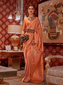 Odette - Women's Orange Woven Saree with Unstitched Blouse