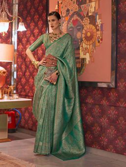 Odette - Women's Green Woven Saree with Unstitched Blouse