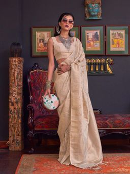 Odette - Women's Off White Woven Saree with Unstitched Blouse