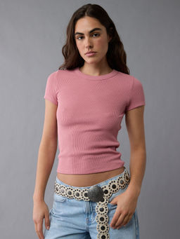 American Eagle - Women Pink Textured Crop T-Shirt