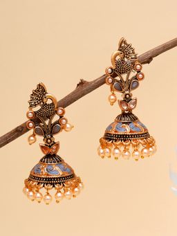 Karatcart - Gold Plated Grey Stone Studded Peacock Shape Jhumki Earrings for Women