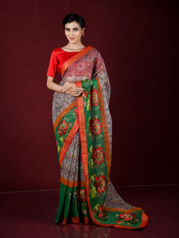 EXCLUSIVA - Green Printed Kota Silk Saree with Unstitched Blouse